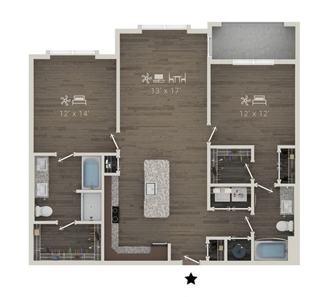 Floor plan for 2 beds, 2 baths, 1317 sqft